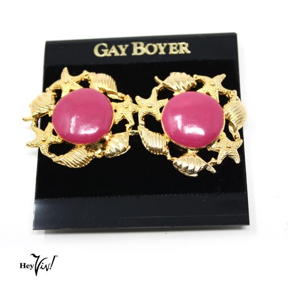 Vintage Gay Boyer Clip On Earrings Sea Shells Pink Enamel Original Card -Hey Viv - Picture 1 of 3